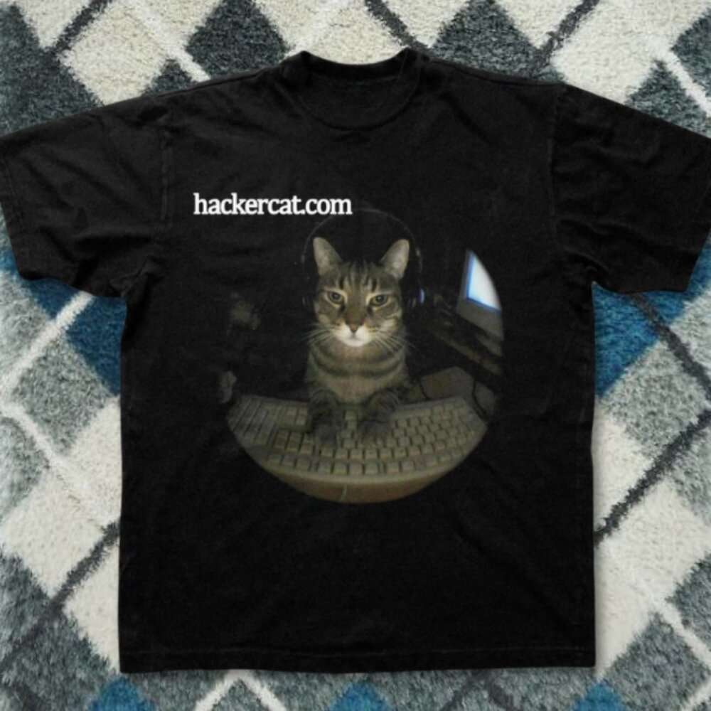 Hacker Cat Graphic Tee Black Internet Meme Computer Cat Shirt